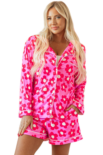 Roze bloemenprint shirt met lange mouwen, shorts, pyjamaset