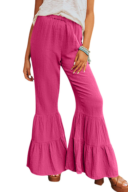 Roze getextureerde Bell Bottom-broek met hoge taille en ruches