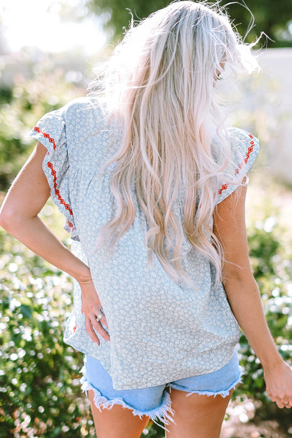 Hemelsblauwe Boho geborduurde blouse met bloemenprint en fladdermouwen