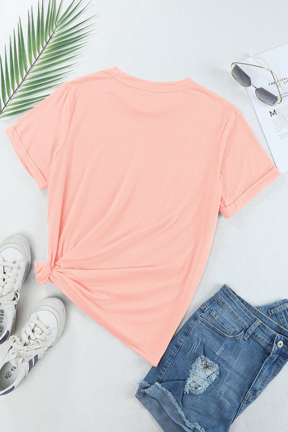 Roze casual effen T-shirt met ronde hals