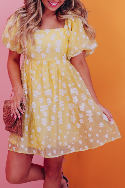 Yellow Boho Flower Jacquard Puff Sleeve Square Neck Mini Dress