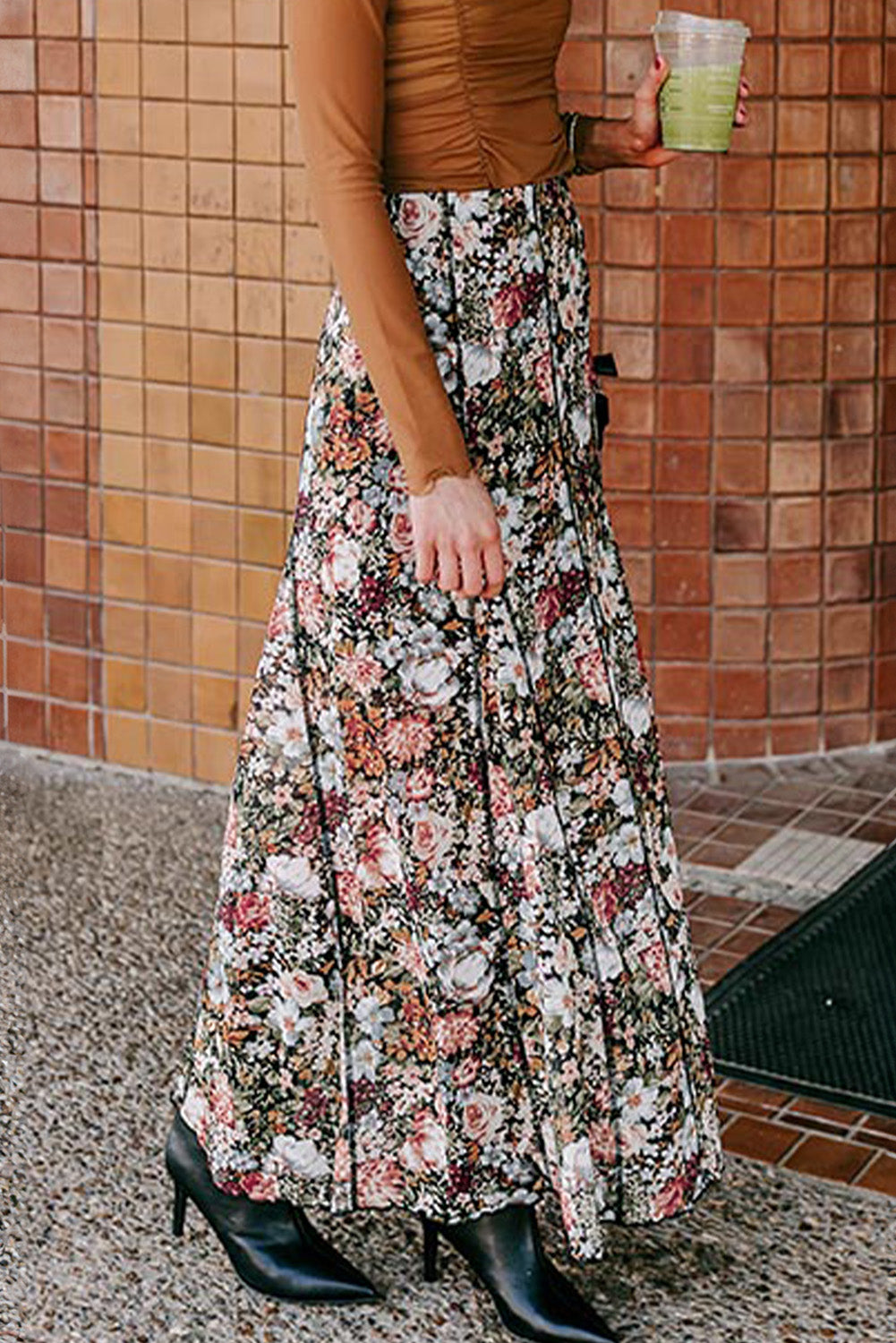 Brown Floral Print High Waist Maxi Skirt