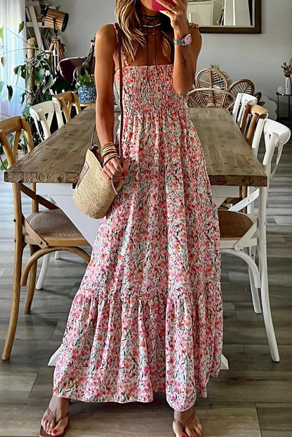 Witte Boho bloemen gesmokte maxi-jurk met ruches