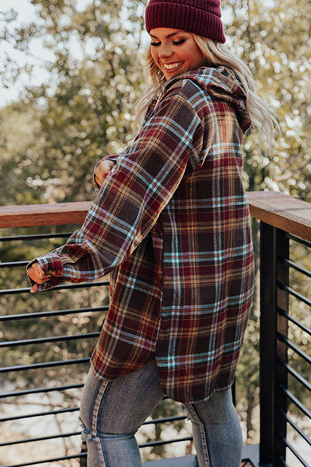 Fiery Red Plus Size Plaid Kangaroo Pocket Drawstring Hoodie