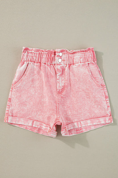 Stoffig roze vintage gewassen denim shorts met hoge taille en ruches