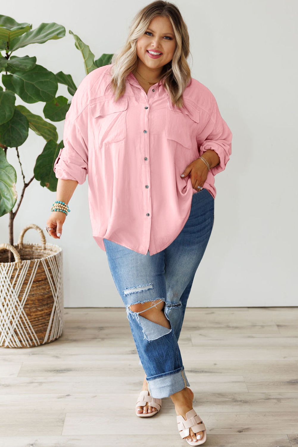 Roze overhemd met klepzak, tab-mouw, button-down en grote maat