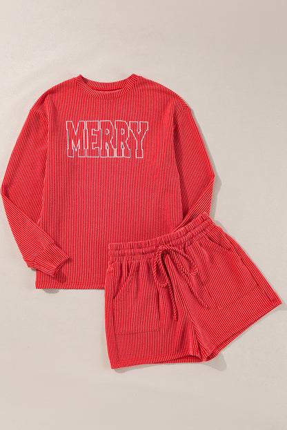 Racing Red Corded Merry Graphic Long Sleeve Top en Shorts Set