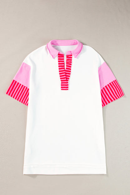 T-shirtjurk met witte strepen en colorblock-patchwork met korte mouwen