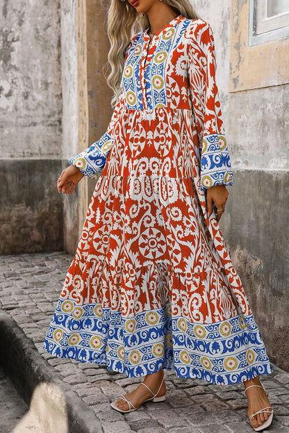 Oranje boho geometrische gedrukte maxi -jurk met lange mouwen