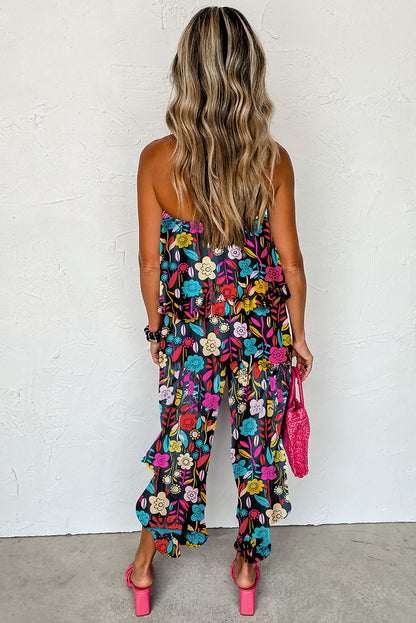 Roodmix strapless jumpsuit met ruches en tropische print