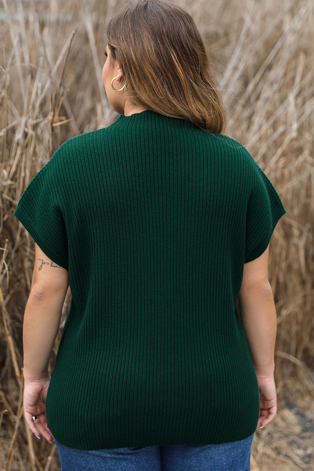 Jungle Green Plus Size Mock Neck Chest Pocket Short Sleeve Sweater