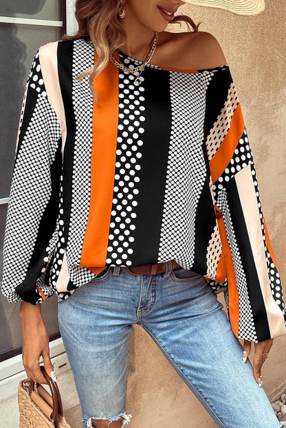 Orange Polka Dot Vertical Striped Printed Puff Sleeve Blouse