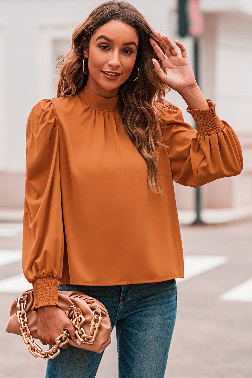 Orange Long Bubble Sleeve Mock Neck Chiffon Blouse