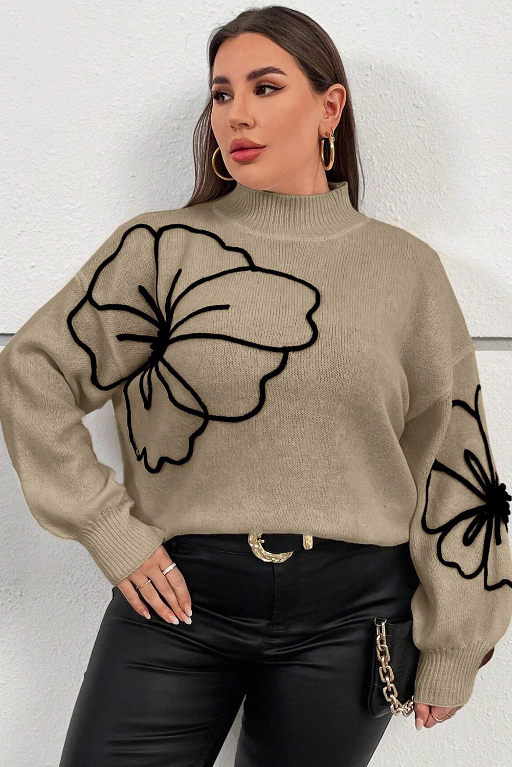 Donker Khaki Plus Size Grote Bloemenpatroon Hoge Hals Drop Schouder Trui