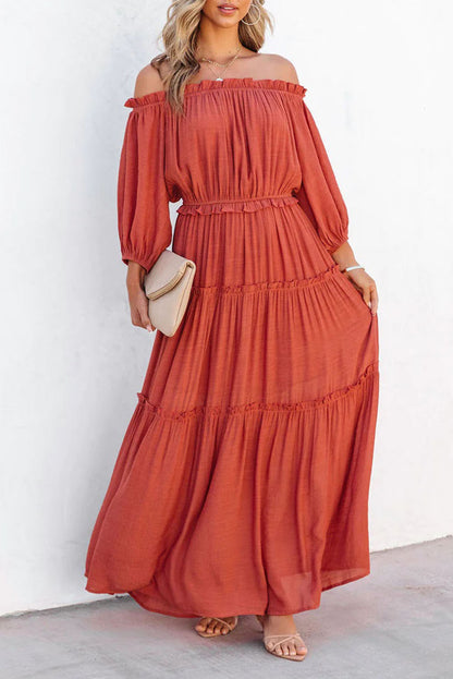 Oranje off-shoulder ballonmouwen uitgesneden maxi-jurk met ruches