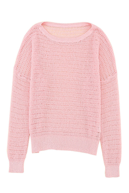 Pink Knitted Eyelets Round Neck Long Sleeve Top