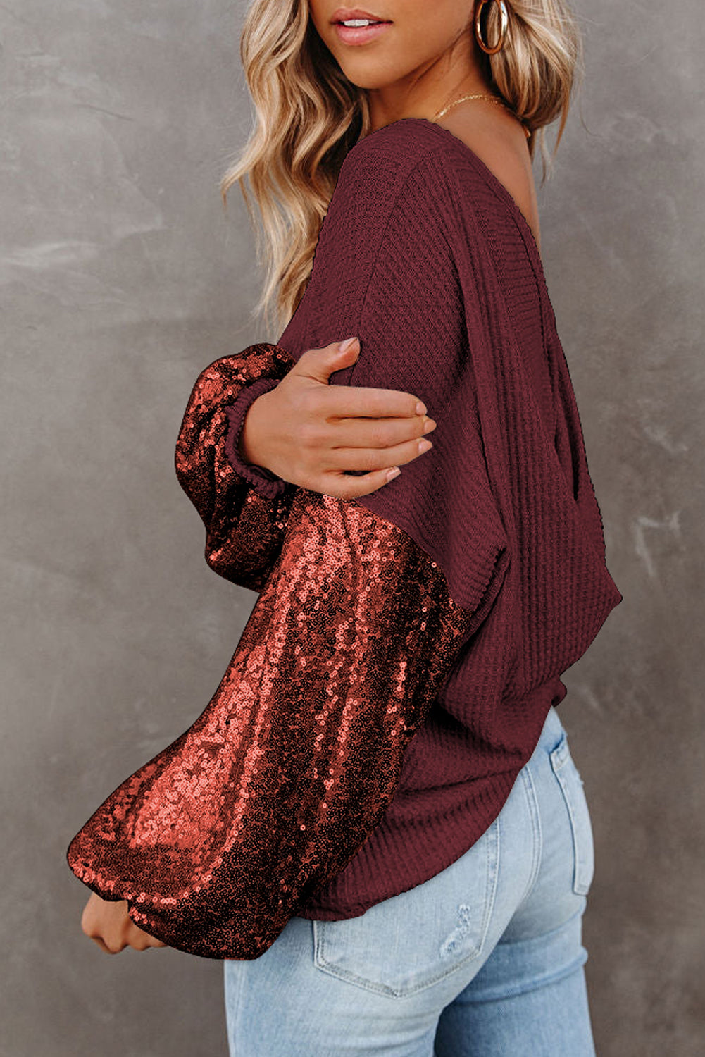 Burgundy Sequin Patchwork Sleeve Open Back Waffle Knit Top