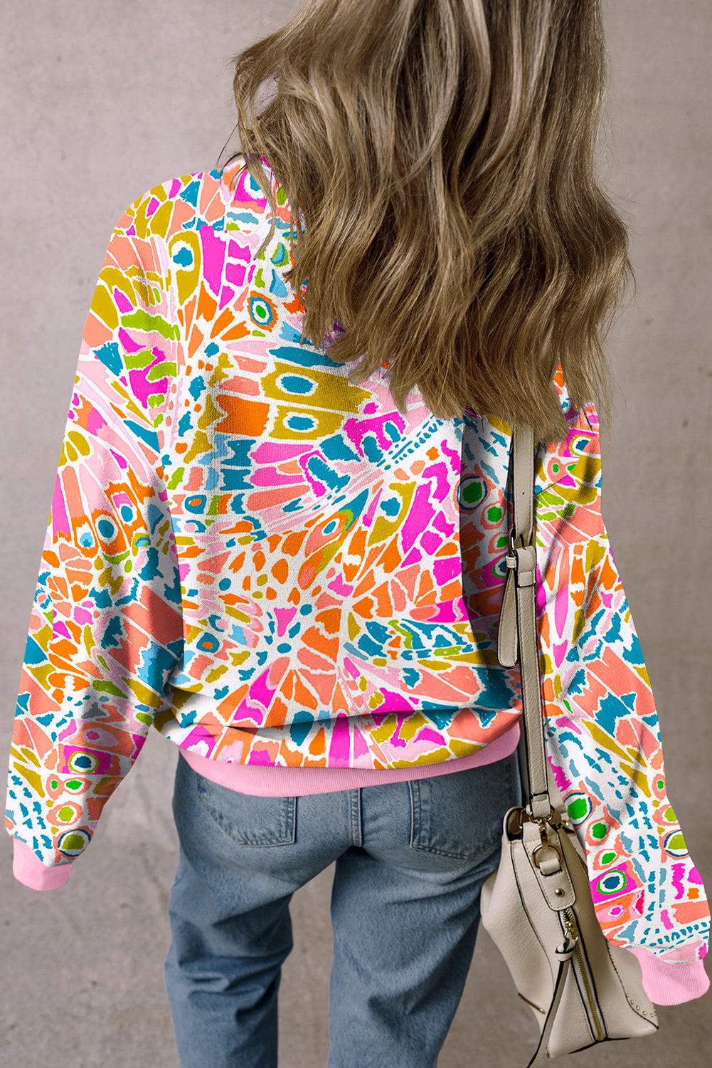 Pink Abstract Printed Drop Shoulder Loose Sweatshirt