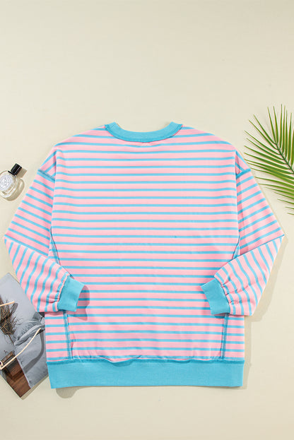 Sky Blue Stripe Contrast Trim High Low Pullover Tunic Sweatshirt