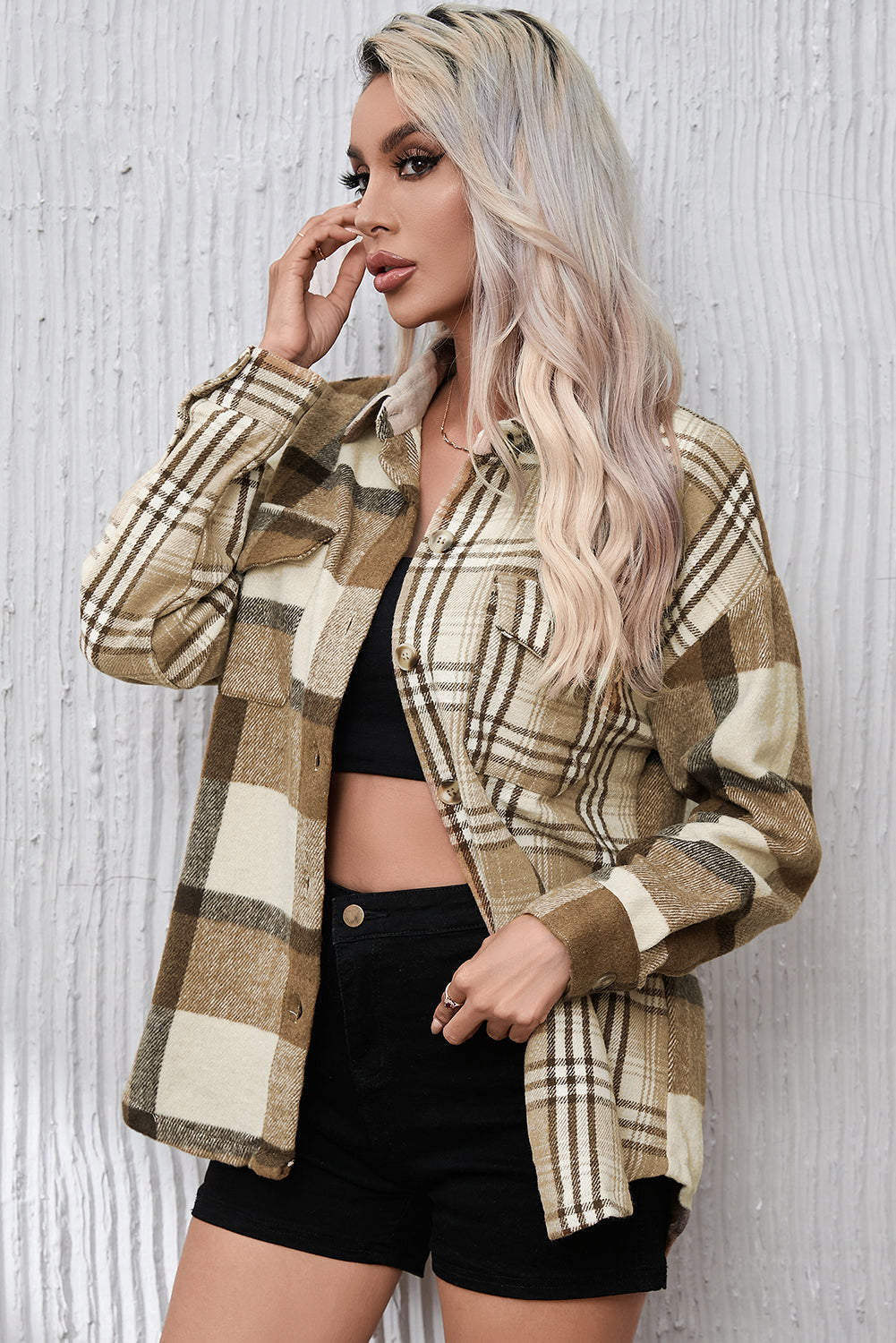 Parchment Contrast Plaid Patchwork Flap Pocket Shacket