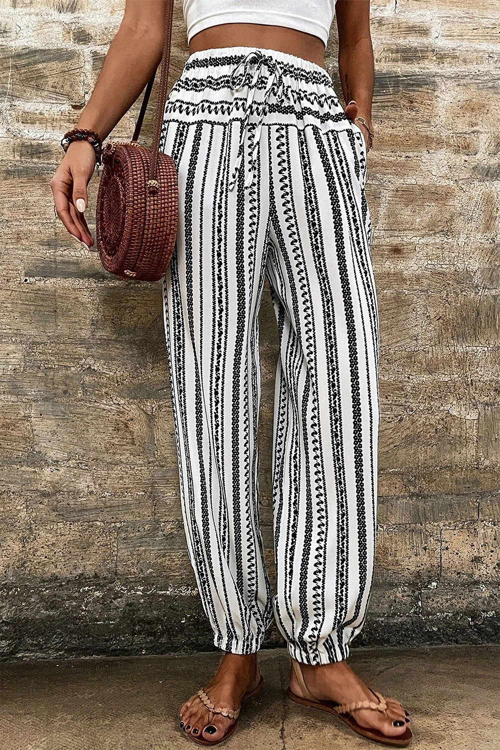 Casual broek met zwarte streep Boho gestreepte print