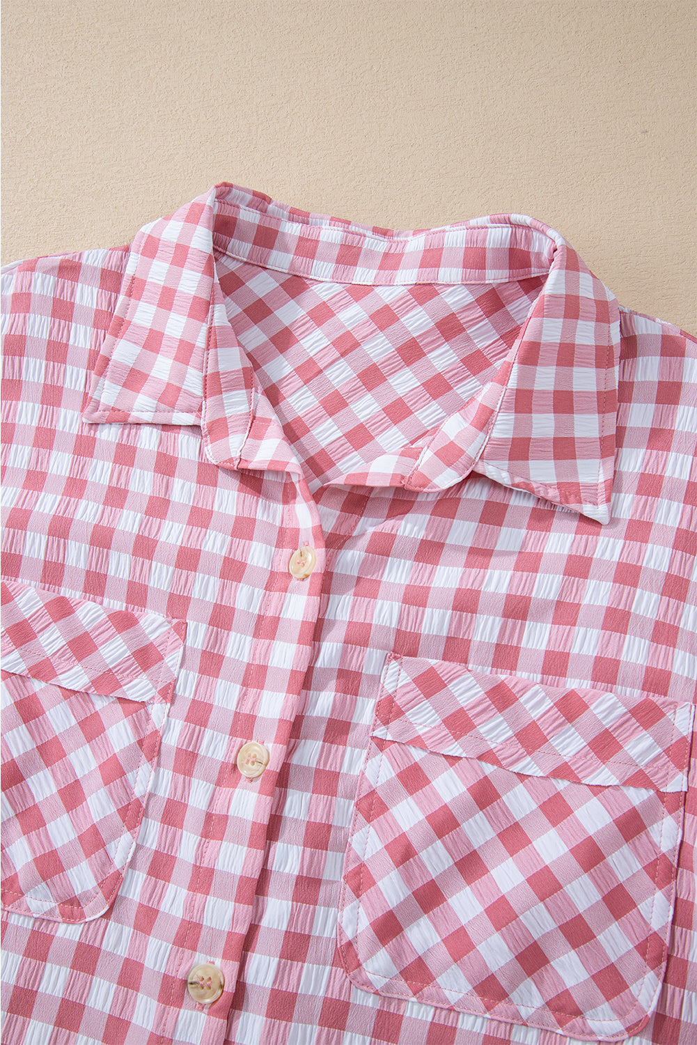 Pink Gingham printkastvakken geknoopte kraagshirt geknoopt