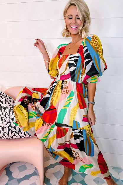 Witte vierkante nek gesmokte abstracte print boho maxi jurk