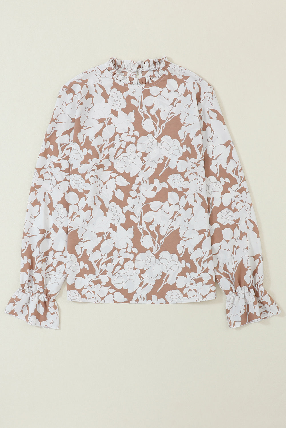 Licht Frans beige bloemenprint blouse met ruches aan de halslijn en volantmouwen