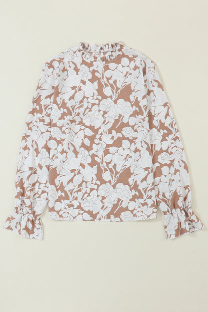 Licht Frans beige bloemenprint blouse met ruches aan de halslijn en volantmouwen