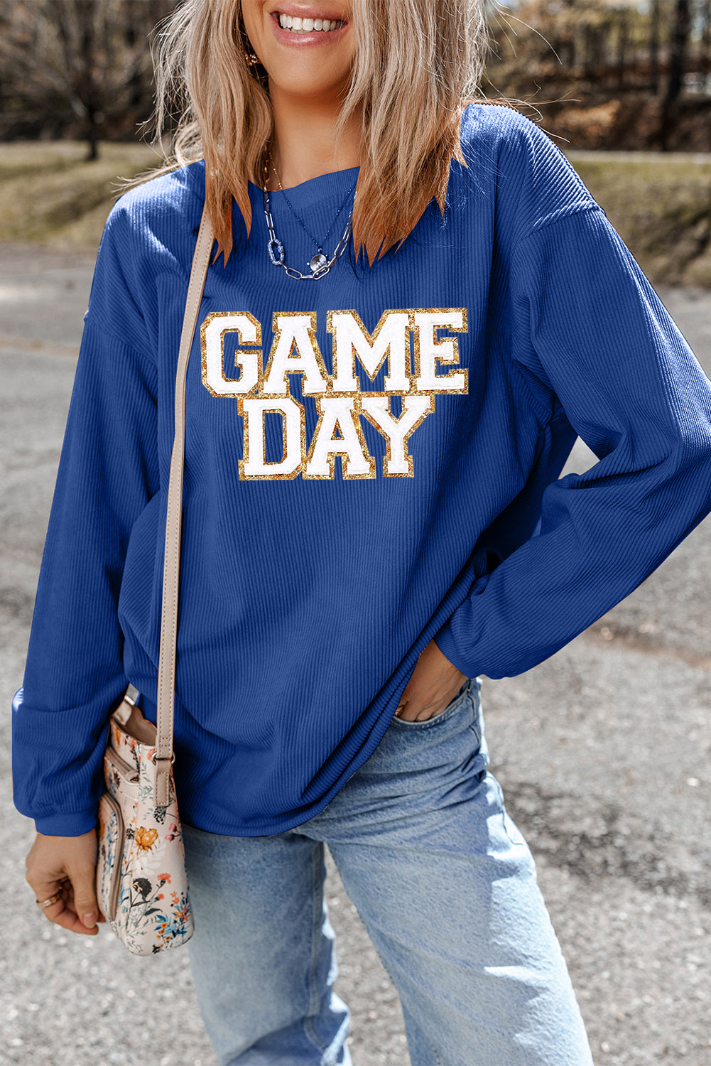 Donkerblauwe speldag glitter detail geribbeld druppel schouder sweatshirt