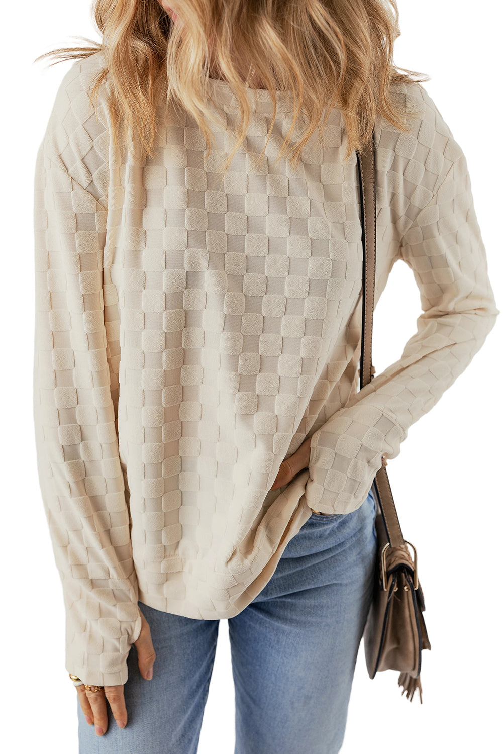 Beige effen getextureerde top met duimgaten