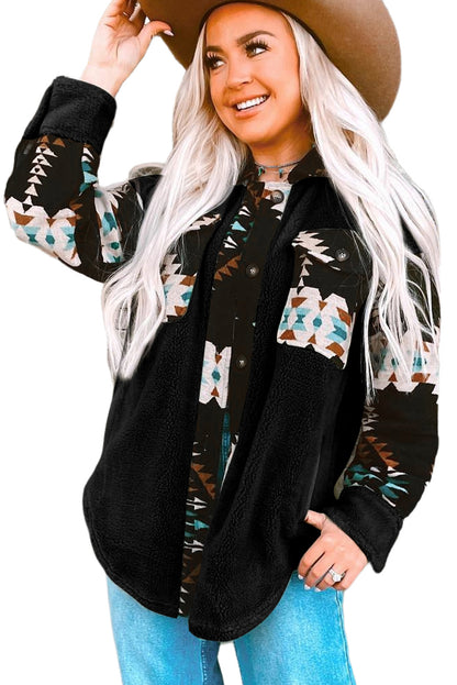 Zwarte fleece shacket met westerse Azteekse print en accent