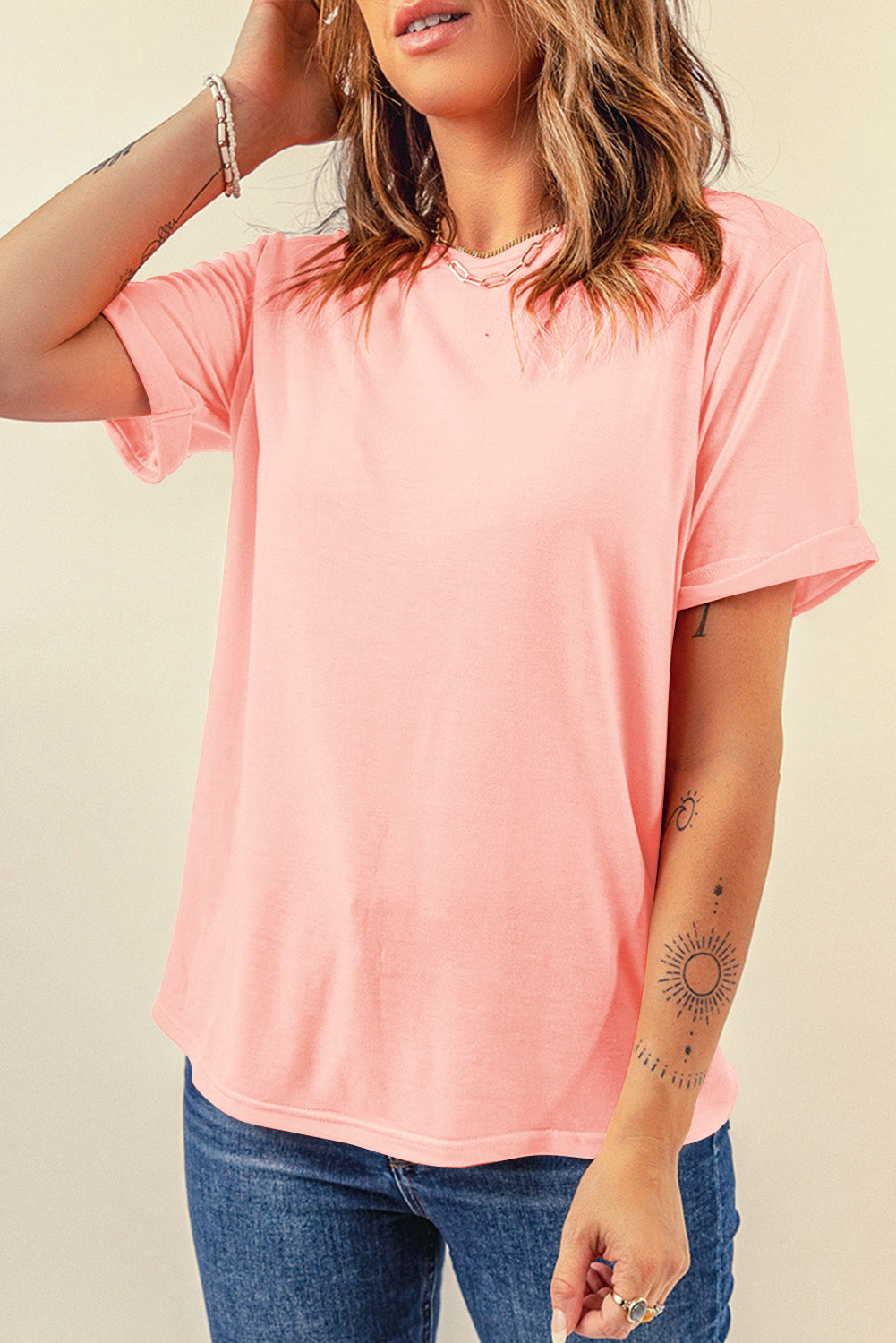 Roze casual effen T-shirt met ronde hals