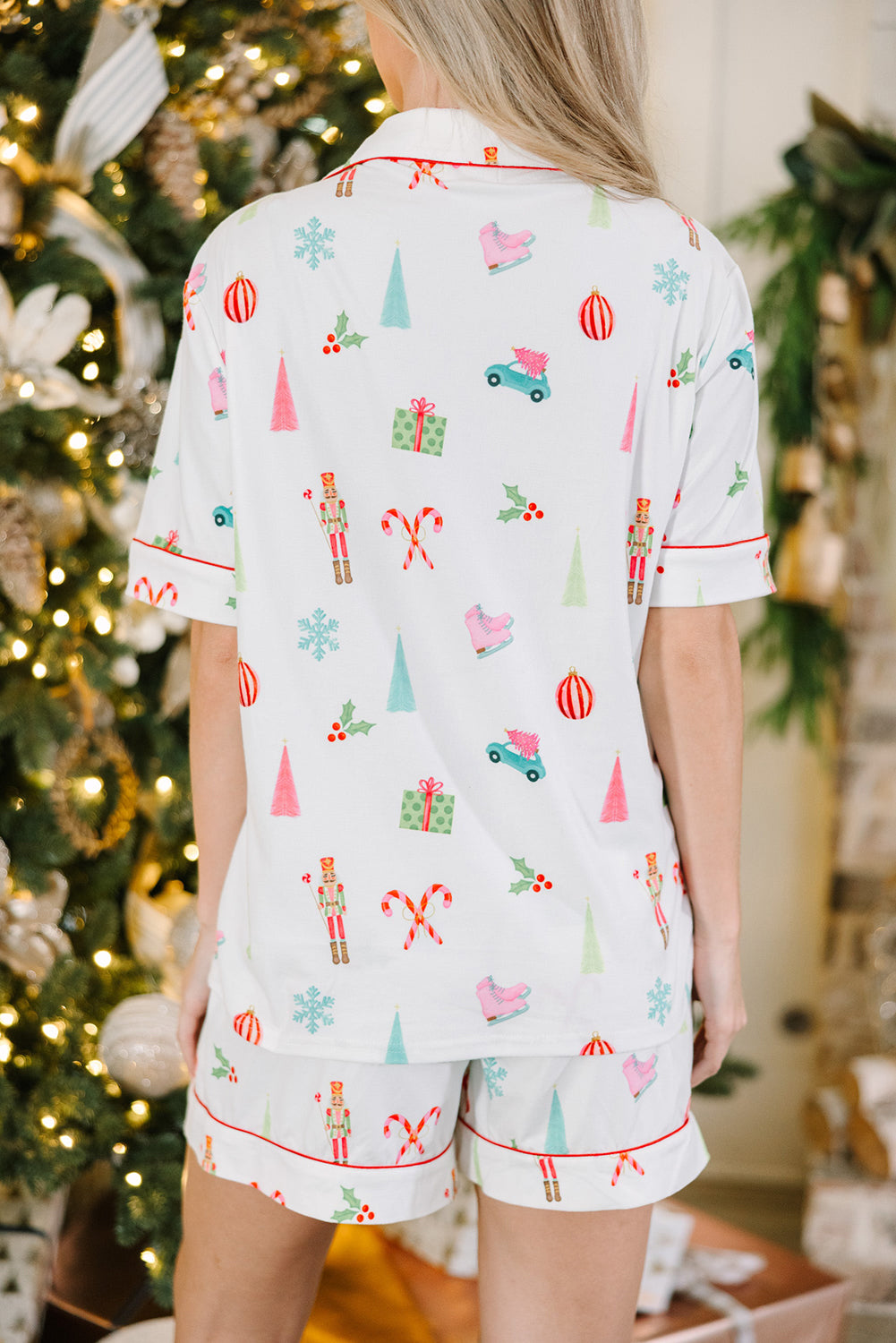 Witte kerstdruk shirt met korte mouwen en shorts pyjama set