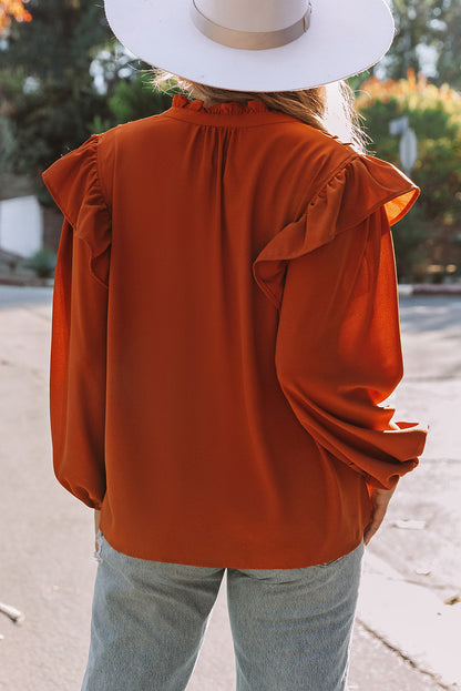 Orange Ruffled Pleated Buttoned V Neck Blouse