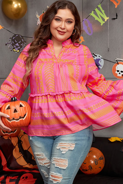 Vitality Orange Plus Size Geometrisch Geborduurd Bell Sleeve Babydoll Blouse