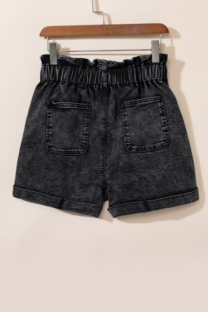 Zwarte vintage gewassen denim shorts met hoge taille en ruches