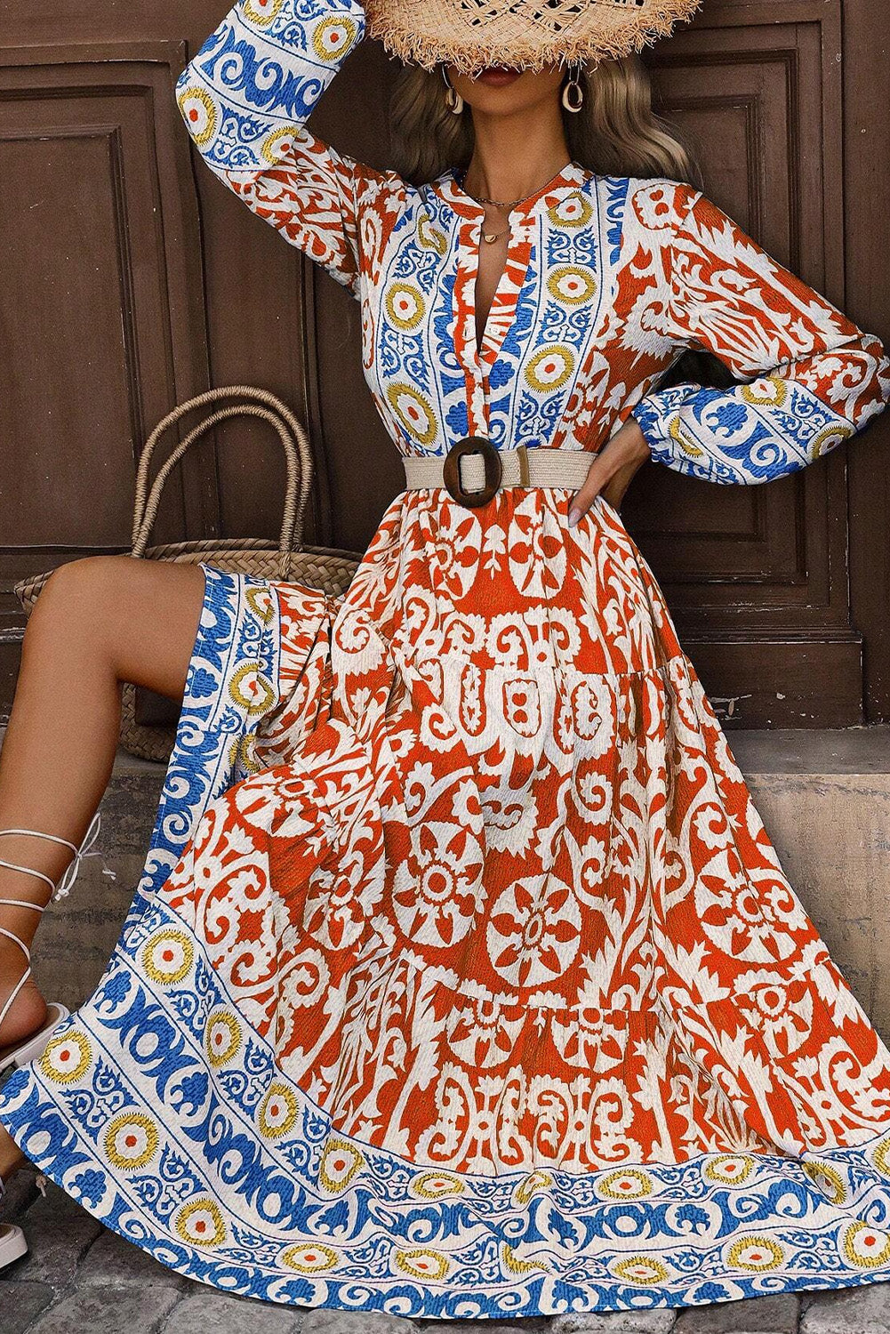 Oranje boho geometrische gedrukte maxi -jurk met lange mouwen