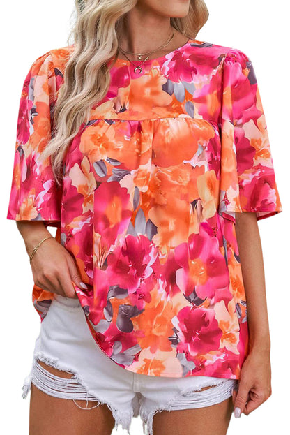 Vurige rode blouse met bloemenprint en wijde mouwen