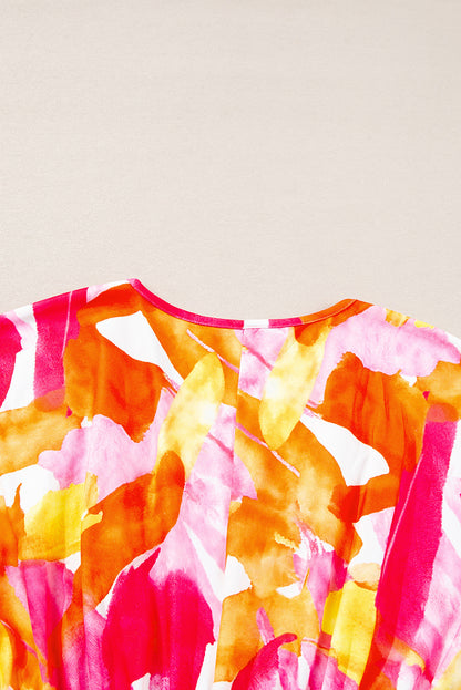 Oranje babydollblouse met abstracte print, 3/4 mouwen en V-hals met ruches