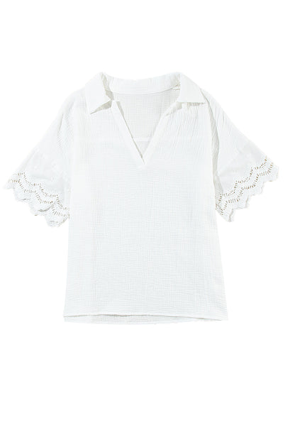 Witte gekreukte kanten blouse met gesplitste mouwen en V-hals