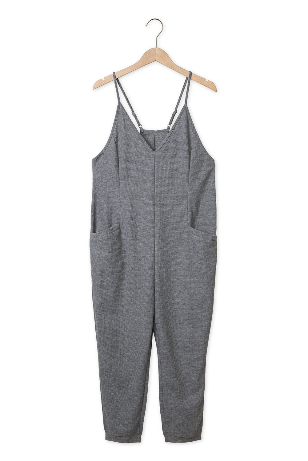 Grijze getextureerde mouwloze casual jumpsuit met V-hals en zakken