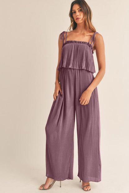 Rose Tan effen zelfgebonden bandjes geplooide jumpsuit met wijde pijpen