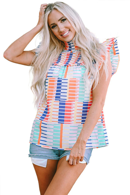 Multicolor Striped Print High Neck Flutter Top