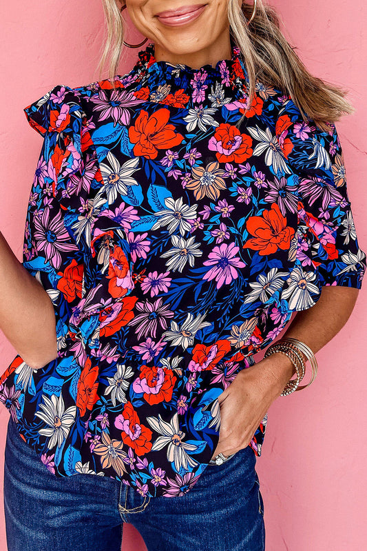 Blauwe bloemenprint ruches peplum top