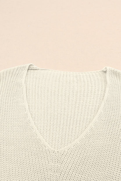 Beige Ribbed Knit V Neck Sweater