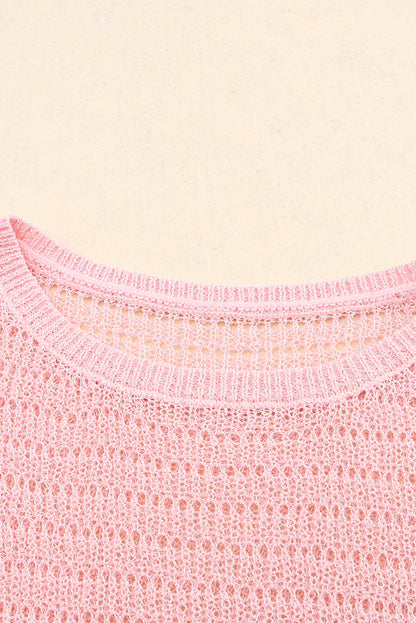 Pink Knitted Eyelets Round Neck Long Sleeve Top