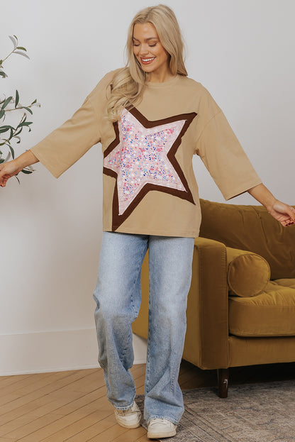 Kameel Floral Star Patchwork 3/4 top met lange mouwen