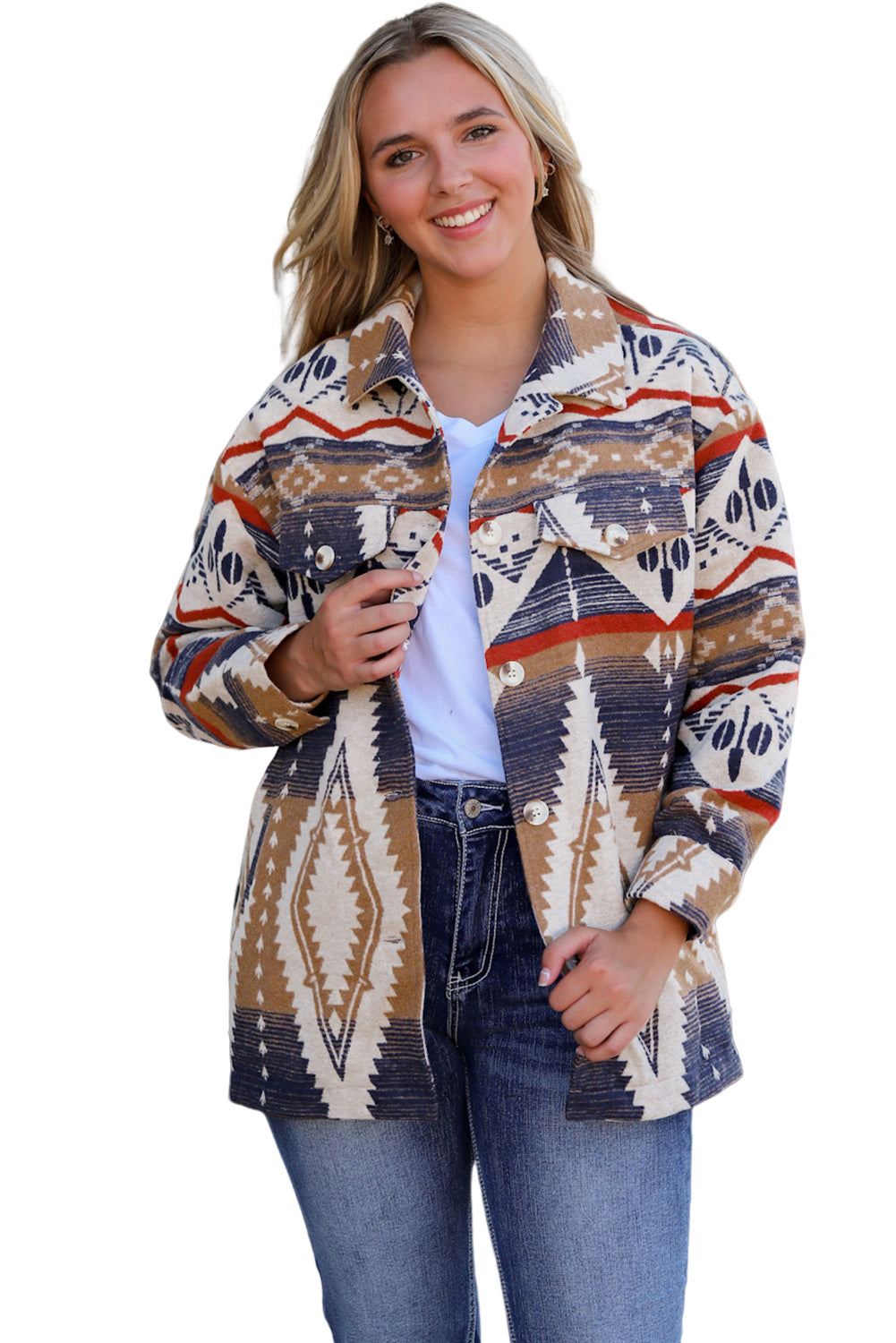 Oversized jas met veelkleurige Azteekse print en knoopjes