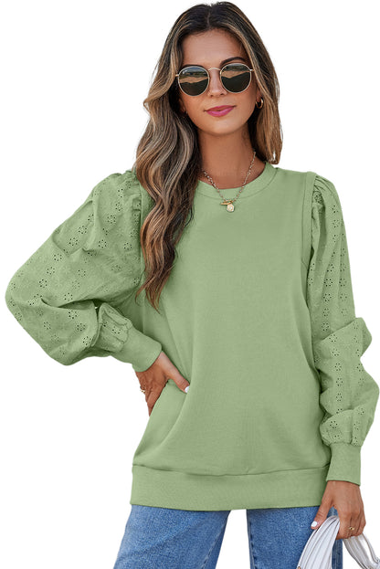 Mist Green Solid Patchwork Sleeve Round Neck Sweatshirt